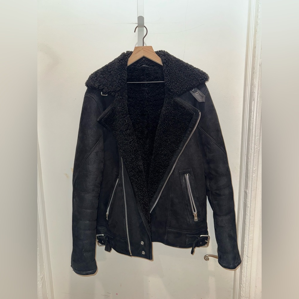 All Saints Black Leather Moto Jacket with Shearling Collar